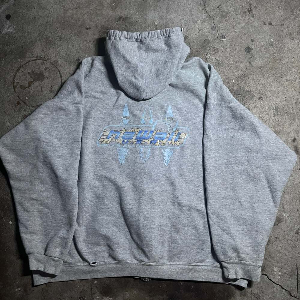 Y2K Vintage Hanes Ultimate Hawaii USA Surf Graphic Full Zip Hoodie Grey